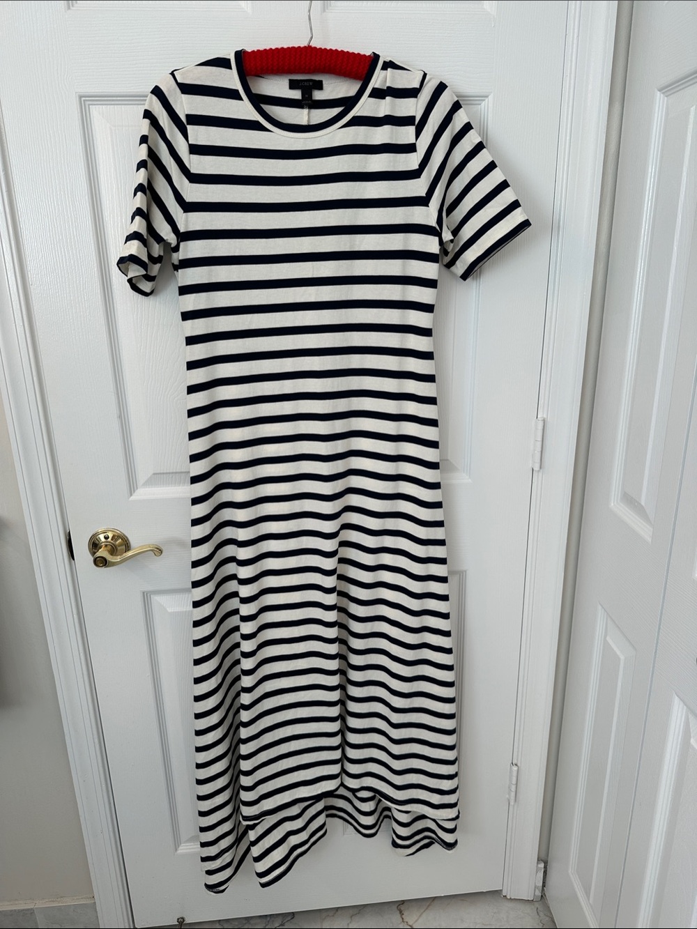 J. Crew  Black and Creamy White Striped Short-Sleeve Maxi Dress Size Medium